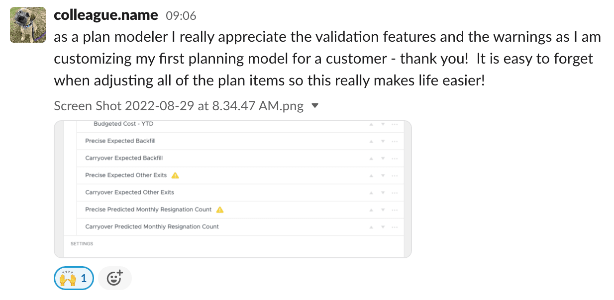 Feedback from a colleague on the validator which reads: as a plan modeler I really appreciate the validation features and the warnings as I am customizing my first planning model for a customer - thank you!  It is easy to forget when adjusting all of the plan items so this really makes life easier!
